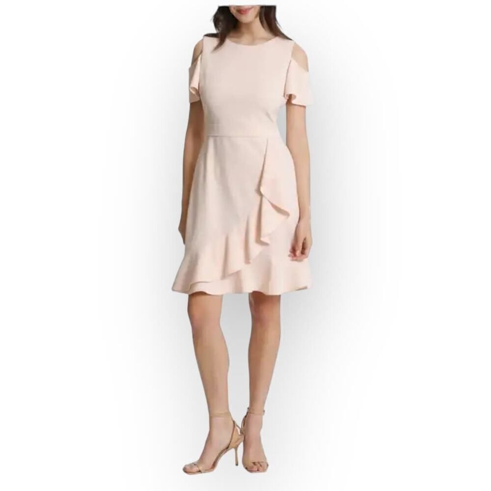 London Times Dress Women's 8 Pink Cold Shoulder Flounce Ruffled Over the Knee